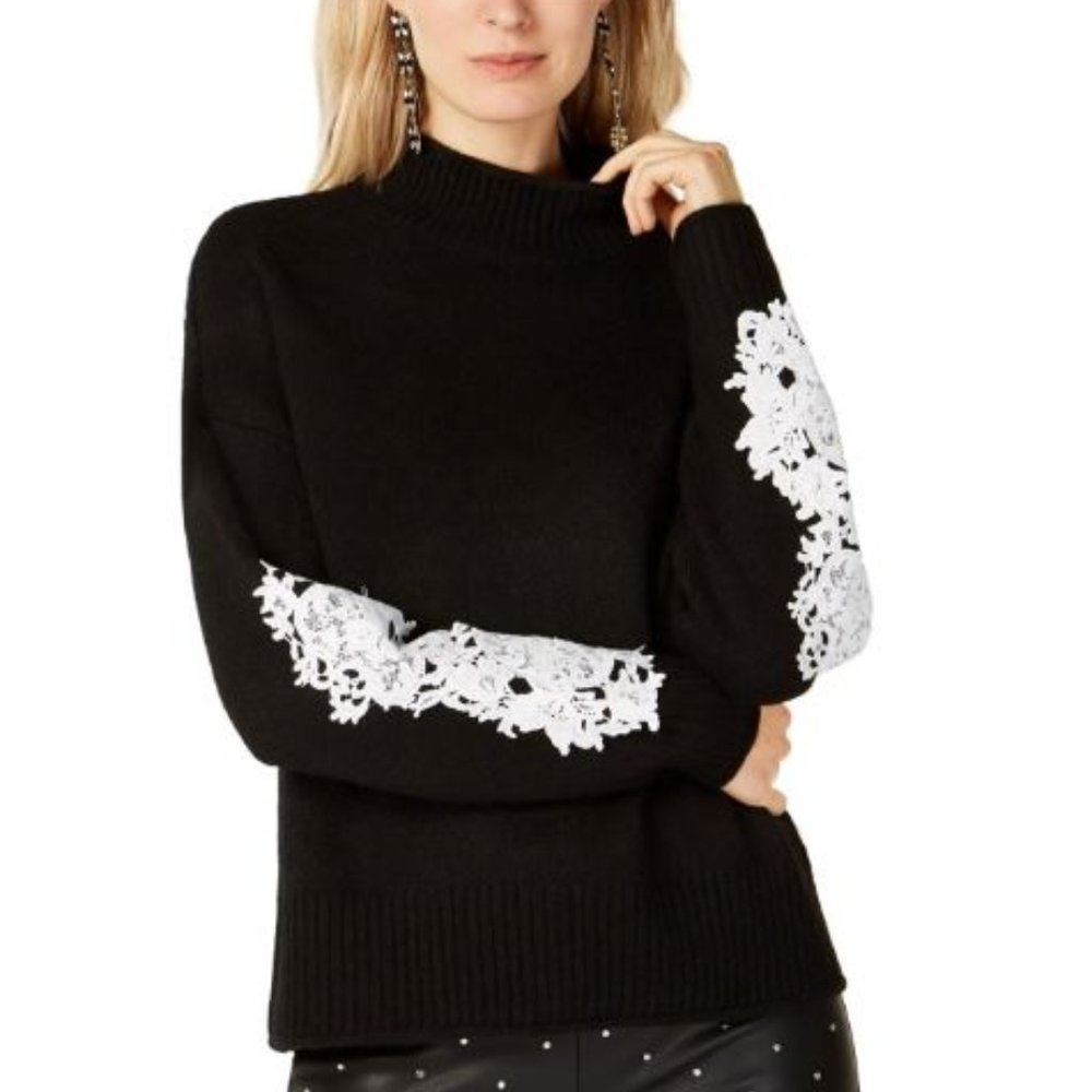 INC Women's Medium Laced Long Sleeve Black White Knit Mock Turtleneck Sweater
